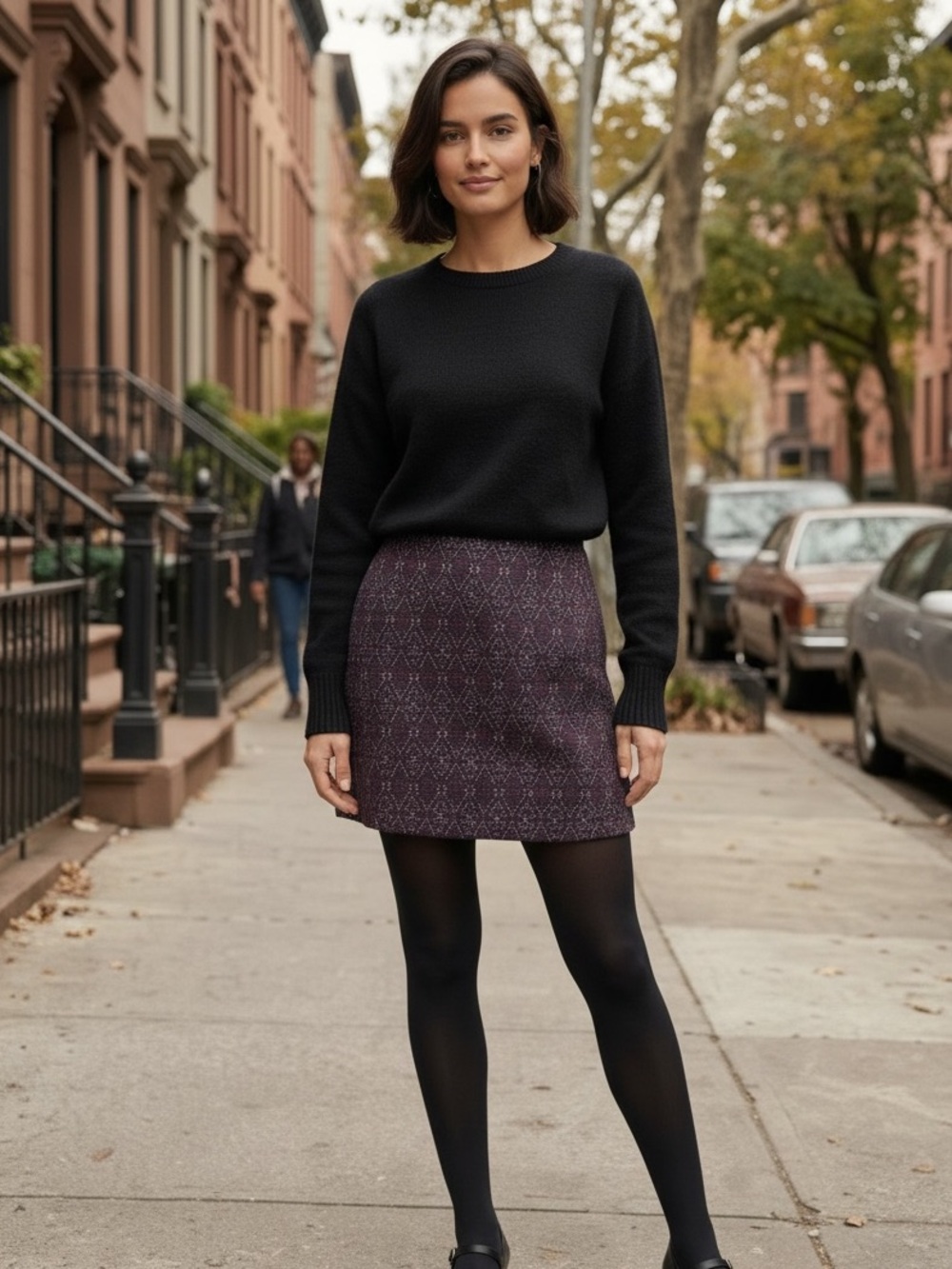 Mango Textured Geometric Diamond Print Tweed Mini Skirt Burgundy Blue Size 8